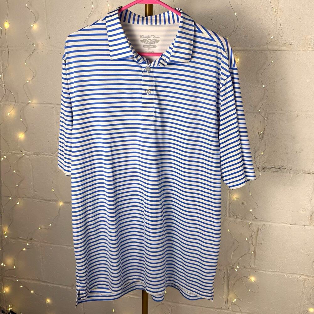 straight down performance men’s xl striped polo blue white embroidered logo